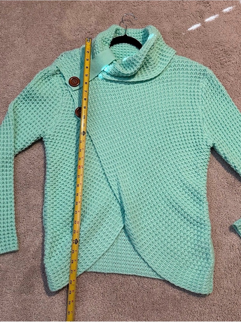 Women’s Waffle Knit Sweater Loose Turtleneck Top Button Wrap Teal - Picture 5 of 7